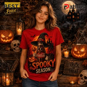 Coca-Cola Witch Bottle Halloween Red T-Shirt 3 Coca-Cola Witch Bottle Halloween Red T-Shirt featuring a cartoon soda bottle wearing a witch hat over spooky text.