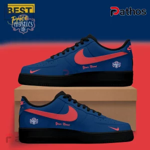 Custom blue and red sneakers featuring Washington Mystics branding, black soles, and personalized text area.!