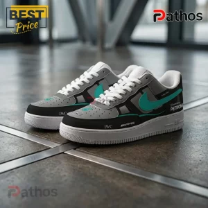 Mercedes AMG Petronas F1 Team Black Grey Air Force 1 Sneakers 2 Mercedes-AMG Petronas F1 themed sneakers in grey, black, and teal with white laces and Mercedes logo on a tiled floor.!