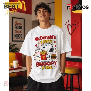 Snoopy McDonald's Fries and Burger T-Shirt featuring Snoopy holding fast food icons on a white cotton crewneck tee.