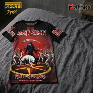 Iron Maiden Run For Your Lives 2026 Tour T-Shirt featuring grim reaper, white wolf, and occult graphics on black fabric.