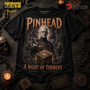 Pinhead Lament Configuration Horror Movie Black T-Shirt 1 Black cotton t-shirt featuring Hellraiser Pinhead, Lament Configuration puzzle box, and gothic chains in copper tones.!