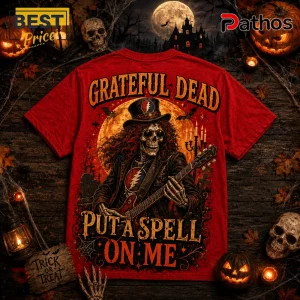 Grateful Dead Halloween Skull Roses Red T-Shirt 2 Grateful Dead Halloween Skull Roses Red T-Shirt featuring a skeletal guitarist in a top hat against a moonlit backdrop.