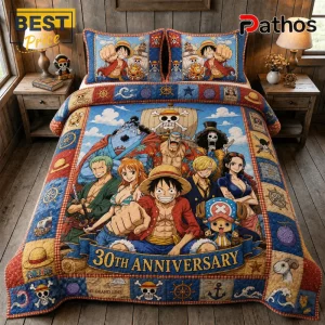 One Piece Straw Hat Pirates 30th Anniversary Quilt Set with colorful character illustrations on a blue patterned background.