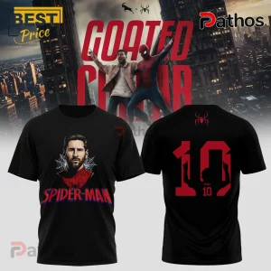Messi x Spider-Man 2026 Edition Black Hoodie 4 Black cotton t-shirt featuring Lionel Messi in a Spider-Man suit on the front and a red number 10 on the back.!