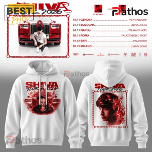 White hooded sweatshirt featuring Shiva tour 2026 graphic with red car, artist portrait, and chain border elements.!