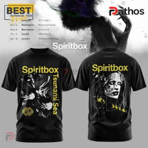 Black cotton t-shirt with Spiritbox Tsunami Sea yellow and white graphic prints on front and back views.!