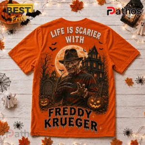 Freddy Krueger Life Is Scarier Orange T-Shirt 2 Freddy Krueger Life Is Scarier Orange T-Shirt featuring a horror villain graphic, full moon, mansion, and pumpkin art.