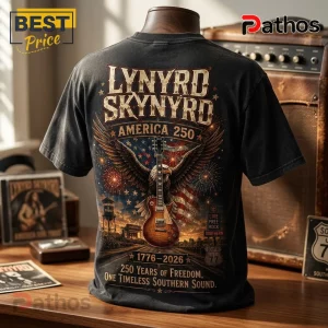 Lynyrd Skynyrd America 250 Eagle Flag T-Shirt 5 Lynyrd Skynyrd America 250 Eagle Flag T-Shirt featuring a bald eagle, electric guitar, and patriotic imagery on black cotton.