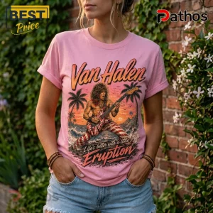 Van Halen Vintage Retro Sunset Pink T-Shirt 5 Pink cotton t-shirt featuring Eddie Van Halen playing guitar, palm trees, sunset, and text reading Life's better with Eruption.!