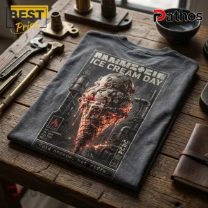Rammstein Ice Cream Day Vintage Charcoal T-Shirt 2 Charcoal grey Rammstein Ice Cream Day t-shirt with industrial melting ice cream graphic on a rustic wooden workshop table.!