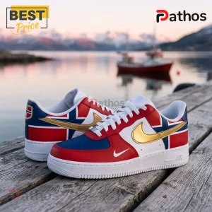 Norway National Team 2026 Gold Swoosh AF1 Sneakers 4 Custom Nike Air Force 1 sneakers featuring Norwegian flag colors, gold side swoosh, and white laces on wooden dock.!