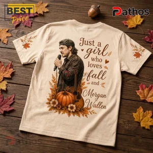 Morgan Wallen Autumn Harvest 2026 T-Shirt featuring country singer graphics, pumpkins, and fall leaves on cream fabric.