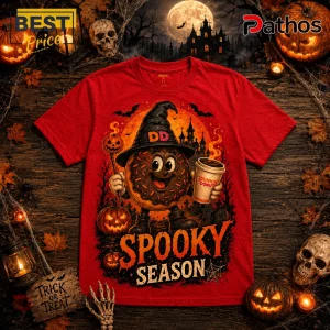 Dunkin Donuts Spooky Season Halloween T-Shirt 1 Dunkin Donuts Spooky Season Halloween T-Shirt featuring a cartoon donut character in a witch hat holding coffee.