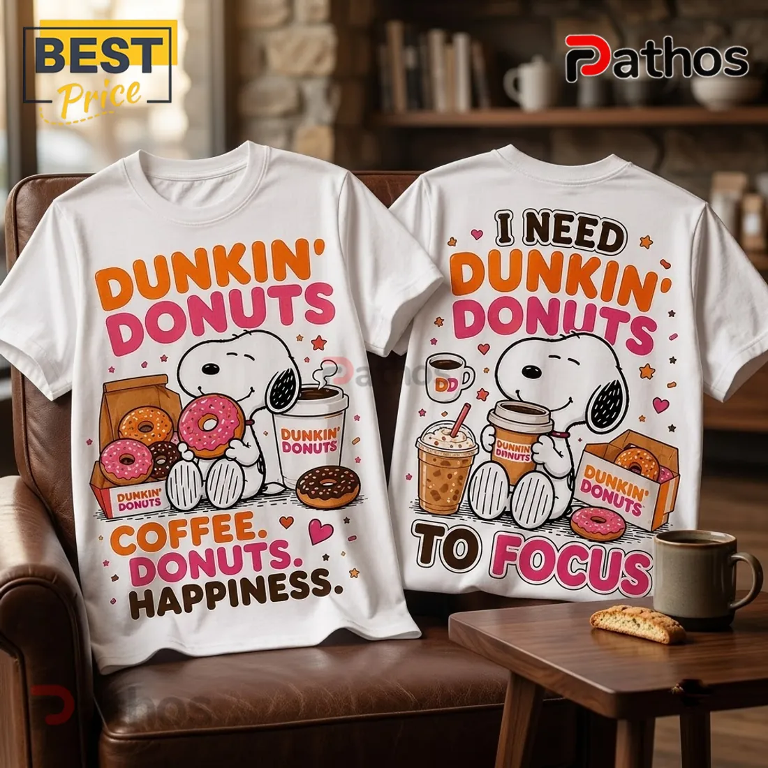 Snoopy Dunkin Donuts Coffee Happiness White T-Shirt Snoopy Dunkin Donuts Coffee Happiness White T-Shirt