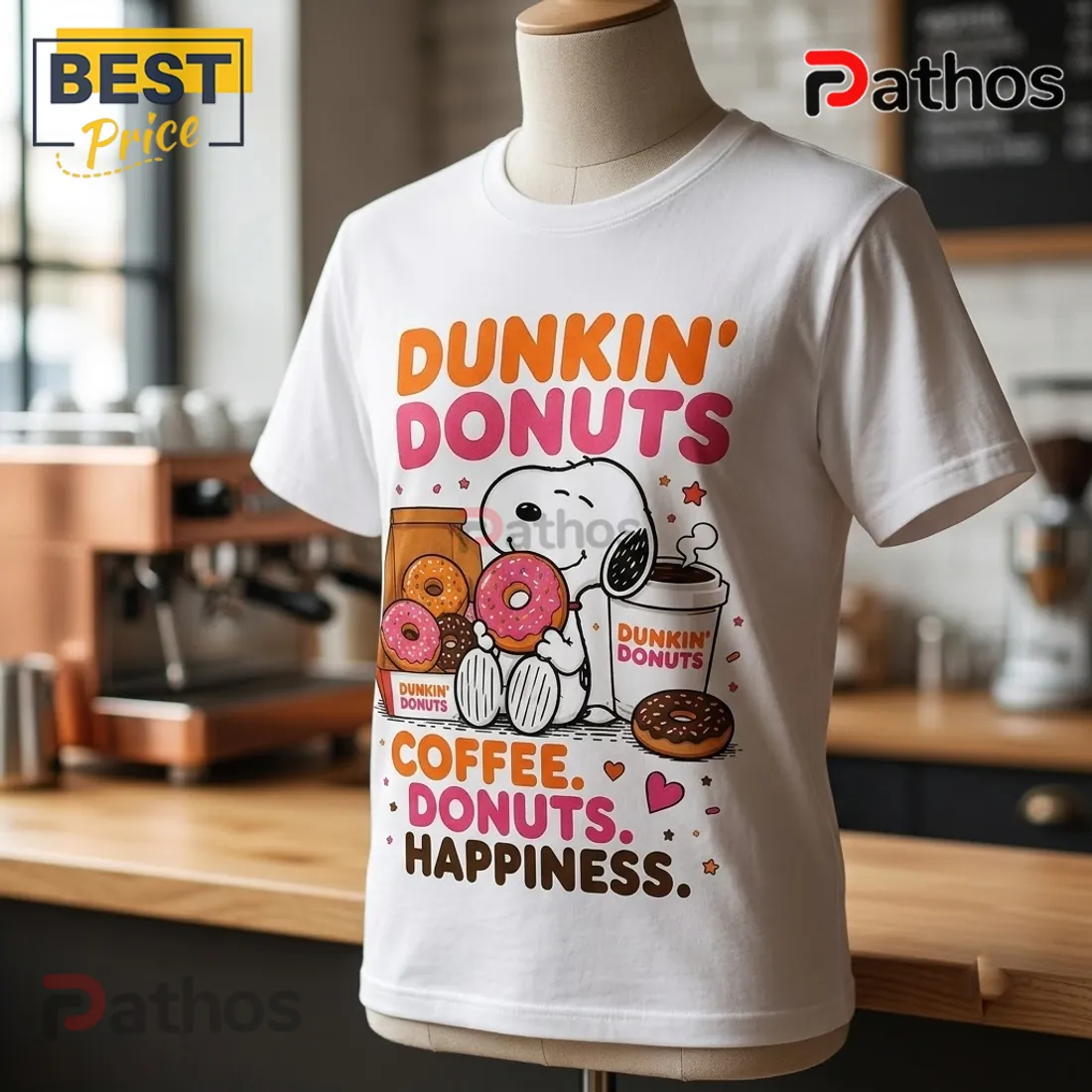 Snoopy Dunkin Donuts Coffee Happiness White T-Shirt Snoopy Dunkin Donuts Coffee Happiness White T-Shirt