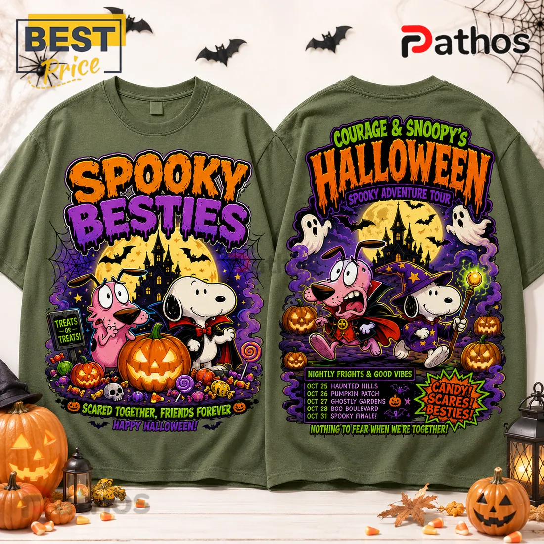 Snoopy x Courage The Cowardly Dog Olive Halloween T-Shirt Snoopy x Courage The Cowardly Dog Olive Halloween T-Shirt