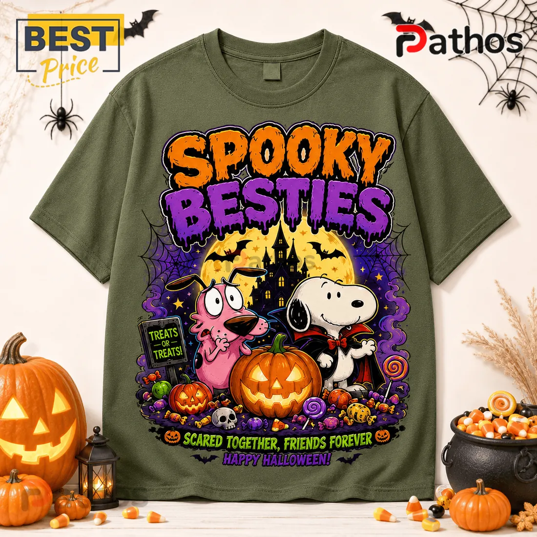 Snoopy x Courage The Cowardly Dog Olive Halloween T-Shirt Snoopy x Courage The Cowardly Dog Olive Halloween T-Shirt