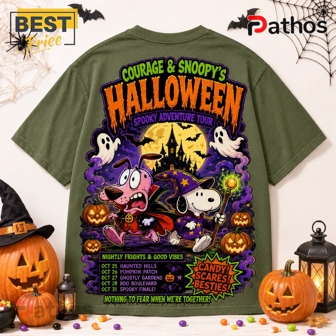 Snoopy x Courage The Cowardly Dog Olive Halloween T-Shirt Snoopy x Courage The Cowardly Dog Olive Halloween T-Shirt
