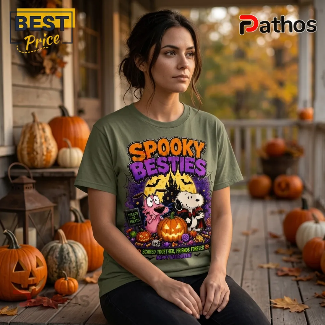Snoopy x Courage The Cowardly Dog Olive Halloween T-Shirt Snoopy x Courage The Cowardly Dog Olive Halloween T-Shirt