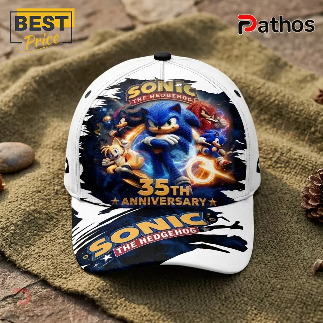 Sonic The Hedgehog 35th Anniversary White Baseball Cap Sonic The Hedgehog 35th Anniversary White Baseball Cap