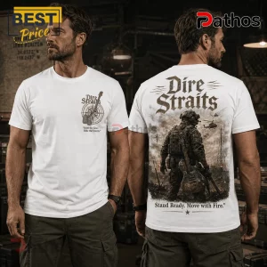 White crew-neck t-shirt with Dire Straits military graphic, guitar and dog tags on front, soldier with guitar on back.!