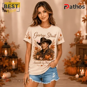 George Strait Amarillo by Morning Beige T-Shirt 2 George Strait Amarillo by Morning Beige T-Shirt featuring a country singer graphic with autumn leaves, lanterns, and pumpkins.