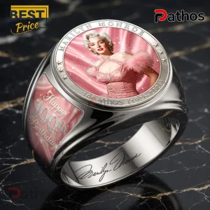 Marilyn Monroe 100th Anniversary Pink Engraved Ring featuring a portrait on a silver band with pink accent engraving.