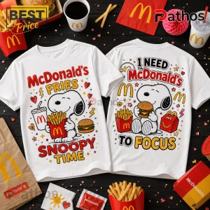 Snoopy McDonald's Fries and Burger T-Shirt designs on white cotton fabric with vintage red and yellow graphic prints.