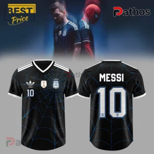 Black Argentina soccer jersey with blue spiderweb pattern, featuring Lionel Messi name and number 10 on the back.!