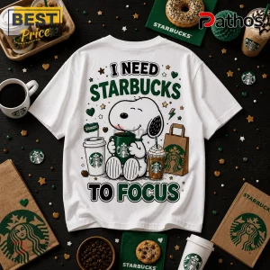 Snoopy Starbucks I Need To Focus T-Shirt 2 Snoopy Starbucks I Need To Focus T-Shirt featuring a white cotton tee with Snoopy holding coffee drinks and green text.
