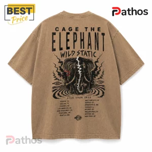 Brown vintage-wash cotton t-shirt featuring Cage The Elephant Wild Static graphic with elephant and 2025 tour dates.!