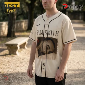 Sam Smith To Be Free Beige Baseball Jersey 2026 2 Beige button-up baseball jersey featuring Sam Smith portrait graphic, black trim, and small SS star logo on front.!
