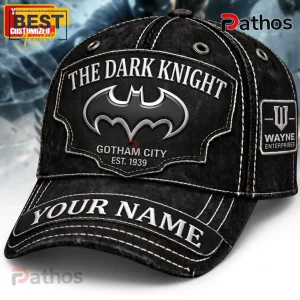 Batman The Dark Knight Personalized Gotham City Baseball Cap 1 Batman The Dark Knight Personalized Gotham City baseball cap in black denim with silver bat emblem and side logo patch.