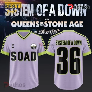 System of a Down lavender soccer jersey with lime green trim, black SOAD lettering, and number 36 on the back.!