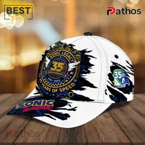 Sonic the Hedgehog 35th Anniversary white baseball cap with blue and gold graphic logo on front and side panels.!