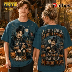 Charlie Chaplin Halloween Midnight Treats Blue T-Shirt 1 Charlie Chaplin Halloween Midnight Treats Blue T-Shirt featuring Chaplin decorating ghost cupcakes with pumpkins.