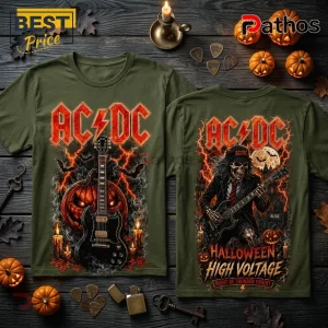 AC/DC High Voltage Pumpkin Skeleton T-Shirt in olive green featuring front and back rock music and Halloween graphics.