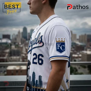 Kansas City Royals x Godzilla Minus One baseball jersey featuring a white fabric with team logos and city skyline art.