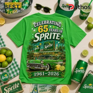 Bright green Sprite 65th anniversary graphic t-shirt featuring a vintage car, palm trees, and retro soda branding.!