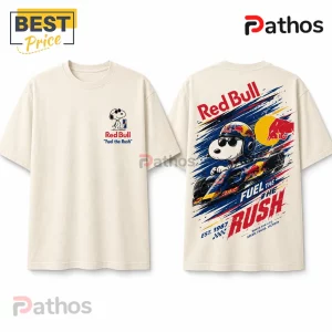 Off-white crewneck t-shirt featuring Snoopy in a Red Bull racing helmet on the back and a small Snoopy logo on the chest.!