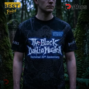 The Black Dahlia Murder Nocturnal 20th Anniversary T-Shirt 2 Black The Black Dahlia Murder Nocturnal 20th Anniversary graphic t-shirt worn by a man in a forest setting.!