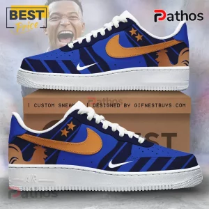 Custom blue and navy sneakers featuring gold rooster graphics, two stars, and white Nike swoosh logos on a brown shoe box.!