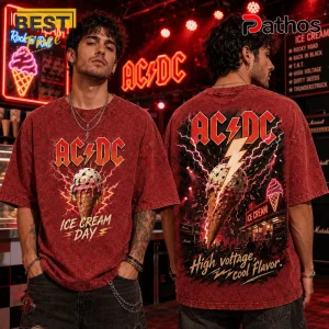 AC/DC Rock and Roll Red Acid Wash T-Shirt 3 AC/DC band t-shirt with ice cream cone graphic on red acid-wash cotton fabric, displaying lightning and rock concert theme.!