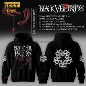 Black long-sleeve hooded sweatshirt with white Black Veil Brides text, red hand graphics, and large back star logo.!