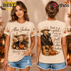 Alan Jackson Fall Pumpkin T-Shirt showing a country singer graphic, orange autumn leaves, and pumpkins on a cream cotton tee.