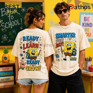 SpongeBob SquarePants Back to School Cream T-Shirt worn by two models featuring colorful character graphics and text.