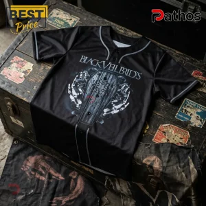 Black Veil Brides button-down baseball jersey with a coffin and skeleton hand graphic design on a dark wood background.!