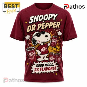 Snoopy x Dr Pepper Limited Edition Maroon T-Shirt featuring Snoopy wearing sunglasses with soda cans on a dark red fabric.