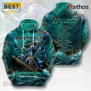 Iron Maiden Run For Your Lives tour hoodie featuring Eddie the pirate on a ship with storm graphics and tracklist on back.!